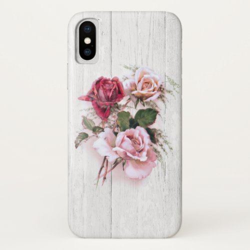 Elegant Pink  Red Roses on Whitewashed Wood iPhone X Case