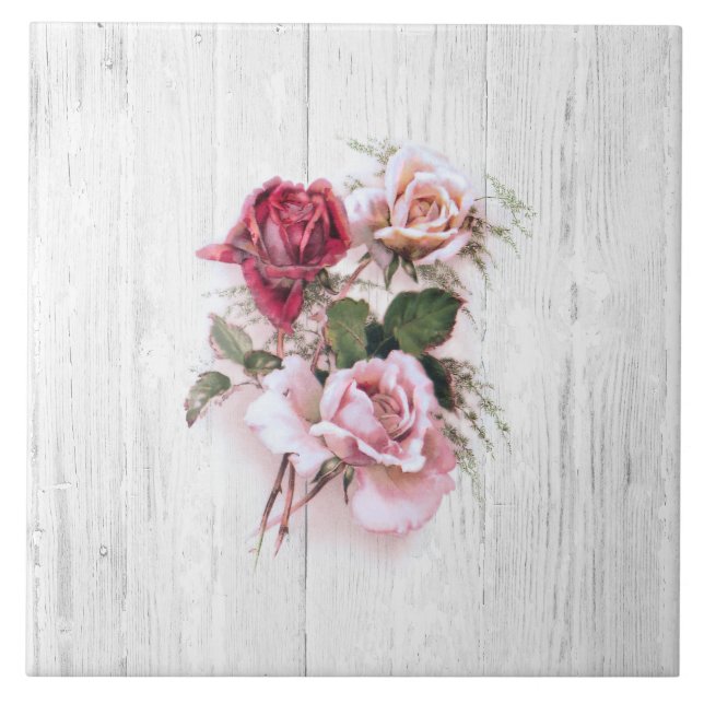 Elegant Pink & Red Roses on Whitewashed Wood Ceramic Tile (Front)
