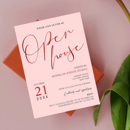 Elegant Pink  Red Script Logo Business Open House Invitation