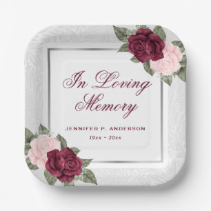 Elegant Pink Red Silver Floral Memorial Funeral Paper Plates