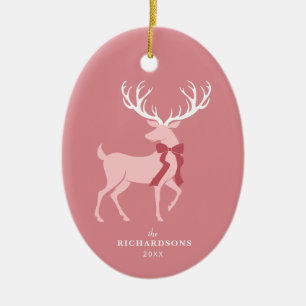 Elegant Pink Reindeer Family Christmas Ceramic Ornament