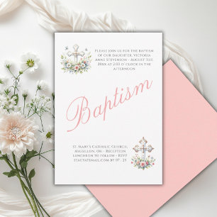 Elegant Pink Religious Baby Girl Baptism Invitation