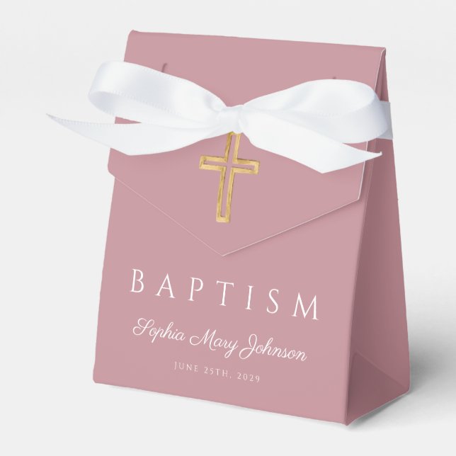 Elegant Pink Religious Cross Dusty Girl Baptism  Favor Boxes (Front Side)