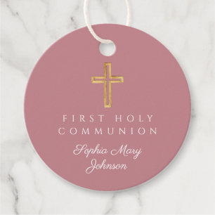 Elegant Pink Religious Cross First Communion Favor Tags