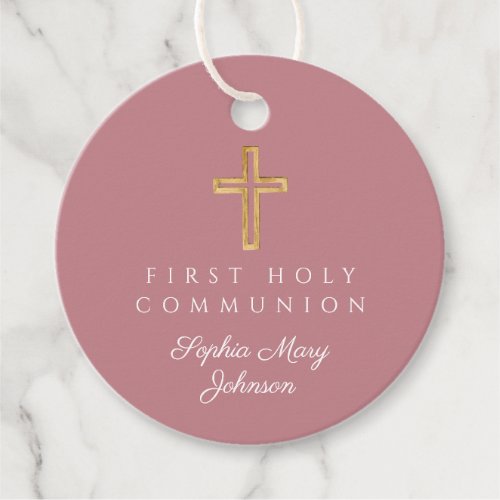 Elegant Pink Religious Cross First Communion Favor Tags