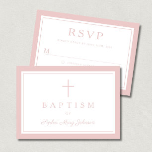 Elegant Pink Religious Cross Girl Baptism RSVP Card