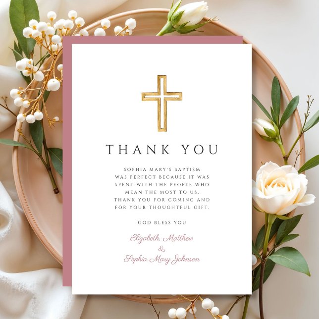 Elegant Pink Religious Cross Girl Baptism  Thank You Card (Elegant Pink Religious Cross Girl Baptism Thank You Card)