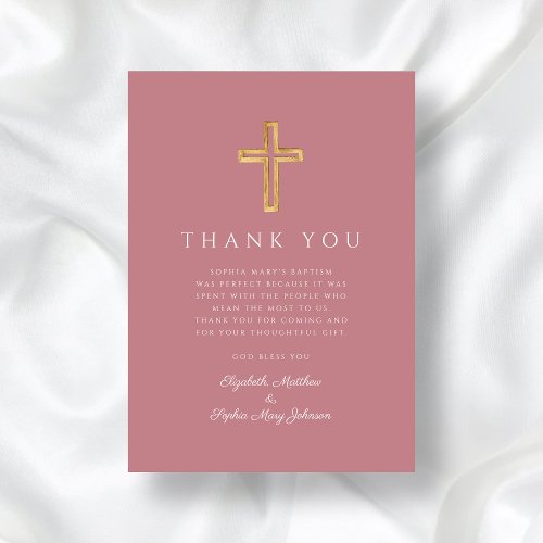 Elegant Pink Religious Cross Girl Baptism Thank You Card