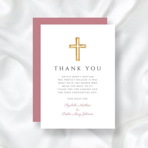 Elegant Pink Religious Cross Girl Baptism  Thank You Card