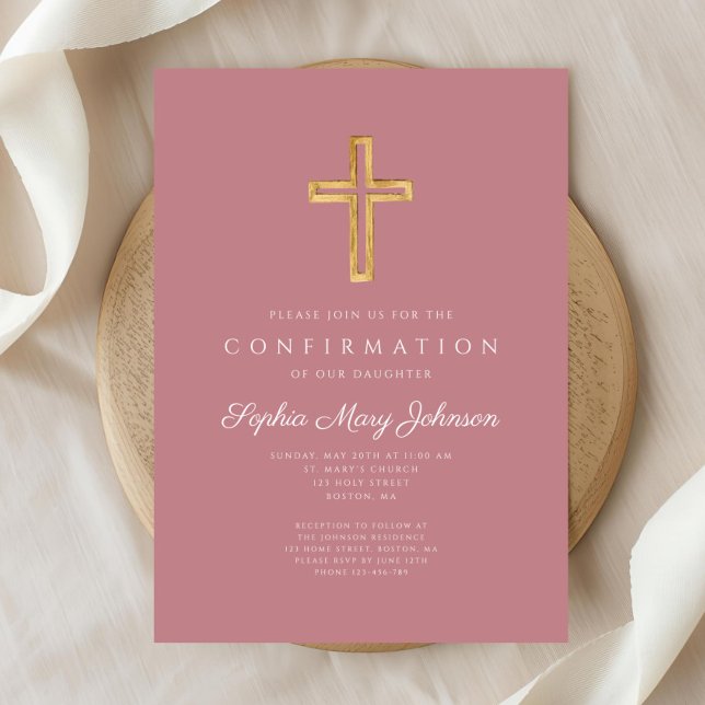 Elegant Pink Religious Cross Girl Confirmation Invitation (Elegant Pink Religious Cross Girl Confirmation Invitation )
