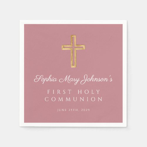 Elegant Pink Religious Cross Girl First Communion Napkins
