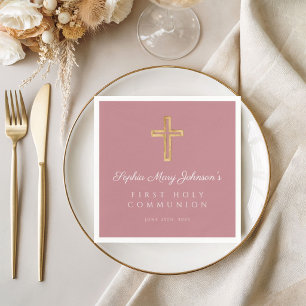 Elegant Pink Religious Cross Girl First Communion Napkins