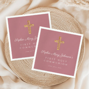 Elegant Pink Religious Cross Girl First Communion Napkins