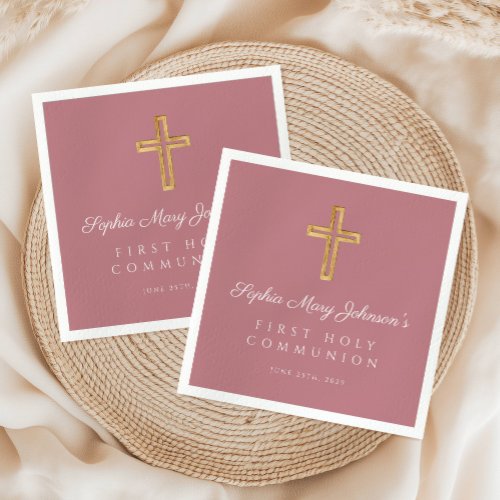 Elegant Pink Religious Cross Girl First Communion