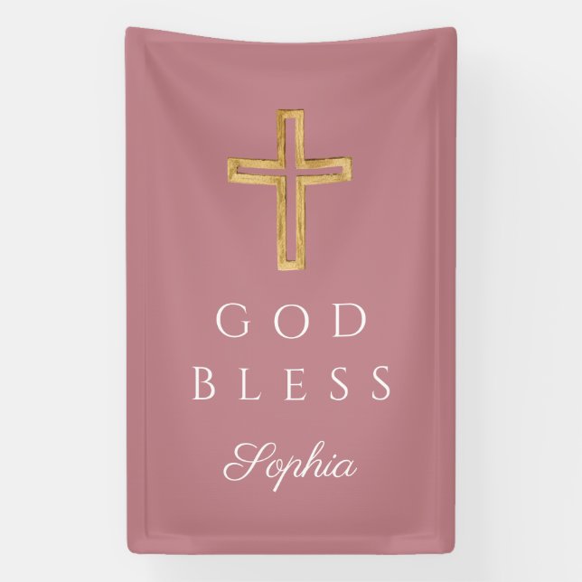 Elegant Pink Religious Cross Girl God Bless Banner (Vertical)
