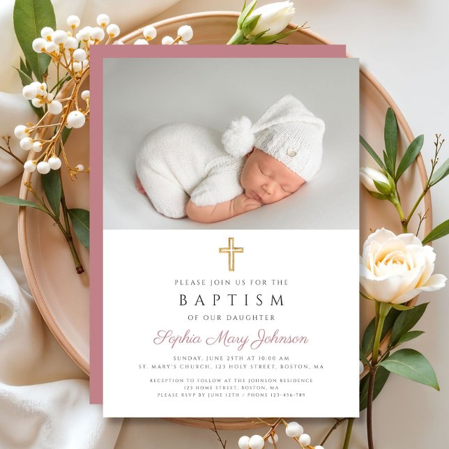 Elegant Pink Religious Cross Girl Photo Baptism Invitation (Elegant Pink Religious Cross Girl Photo Baptism Invitation)