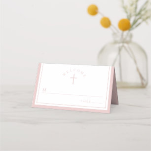 Elegant Pink Religious Girl Baptism Place Card