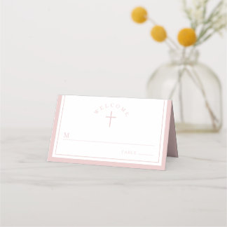 Elegant Pink Religious Girl Baptism Place Card