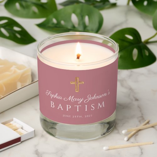 Elegant Pink Religious Wood Cross Boy Baptism Scented Candle