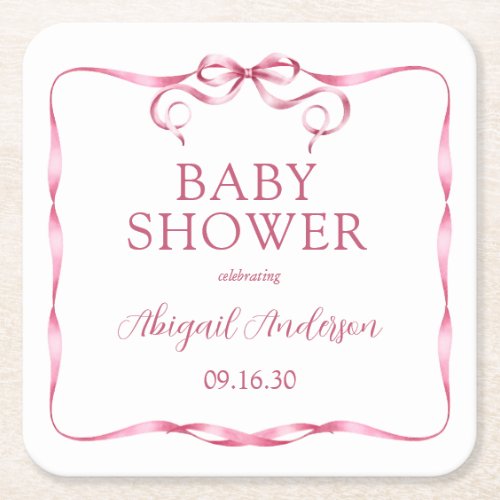 Elegant Pink Ribbon Baby Shower Square Paper Coaster