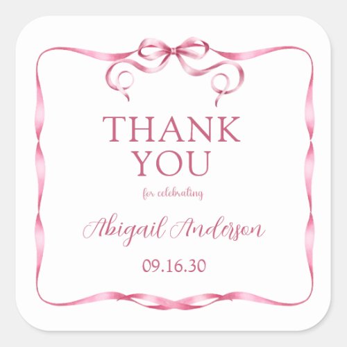 Elegant Pink Ribbon Baby Sprinkle Thank You Square Sticker