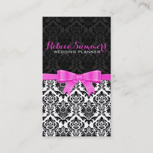 Elegant Pink Ribbon Black  White Damasks 2 Business Card