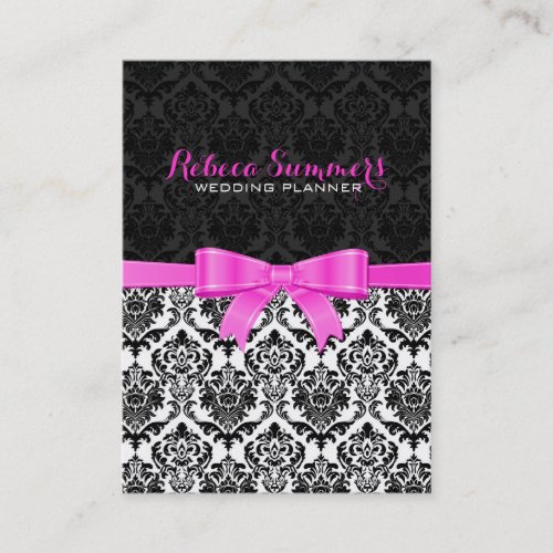 Elegant Pink Ribbon Black  White Damasks 2 Business Card