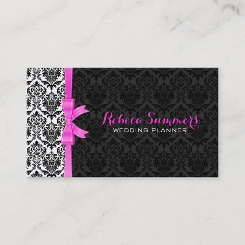 Elegant Pink Ribbon Black  White Damasks 2a Business Card