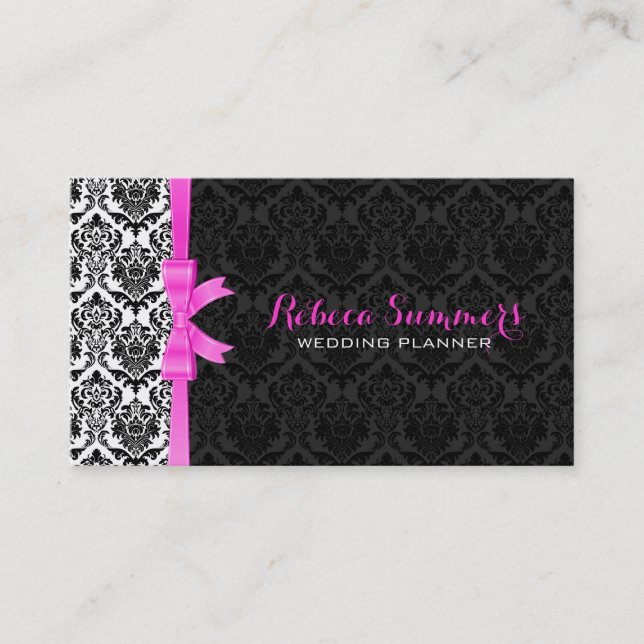 Elegant Pink Ribbon Black & White Damasks 2a Business Card (Front)