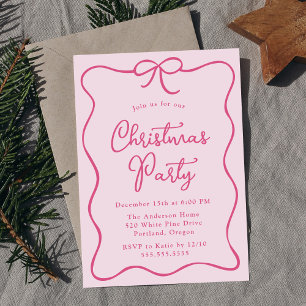 Elegant Pink Ribbon Bow Christmas Party Invitation