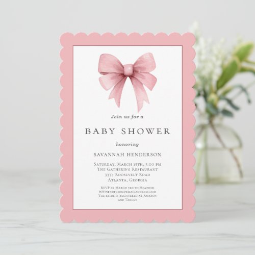 Elegant Pink Ribbon Bow Girl Baby Shower Invitation