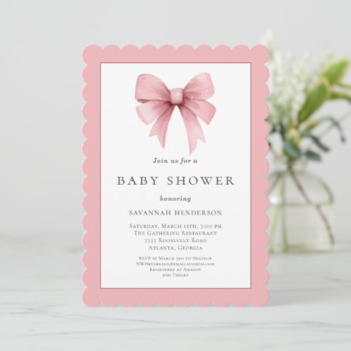 Elegant Pink Ribbon Bow Girl Baby Shower Invitation