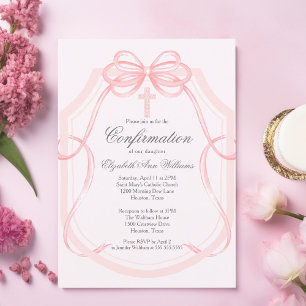 Elegant Pink Ribbon Bow Girl's Confirmation Invitation