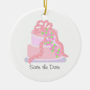 Elegant Pink Ribbon Cake Save the Date Ceramic Ornament
