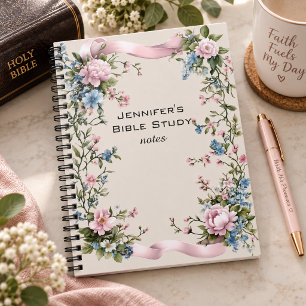 Elegant Pink Ribbon Floral Bible Study Notes Notebook
