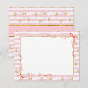 Elegant Pink Ribbon, Gold Butterfly and Polka Dot Note Card
