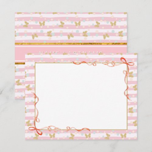 Elegant Pink Ribbon, Gold Butterfly and Polka Dot Note Card