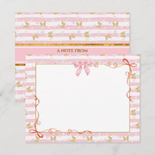 Elegant Pink Ribbon, Gold Butterfly and Polka Dot Note Card