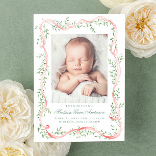 Elegant Pink Ribbon Greenery Birth Letterpress Photo Cards