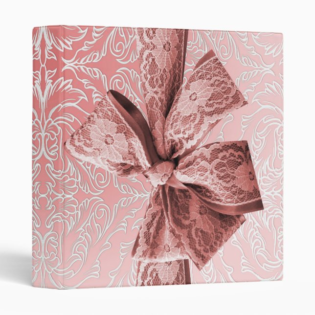 Elegant Pink Ribbon Lace Damask Binder (Front/Spine)