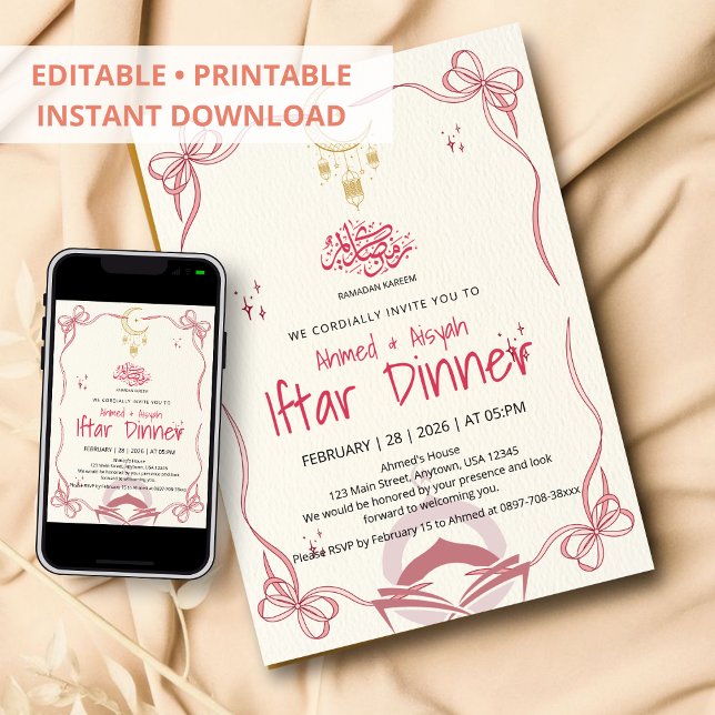 Elegant Pink Ribbon Ramadan Kareem Iftar Dinner Invitation (Creator Uploaded)