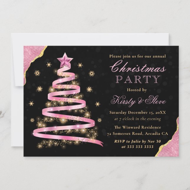 Elegant Pink Ribbon Tree Christmas Party Invitation (Front)