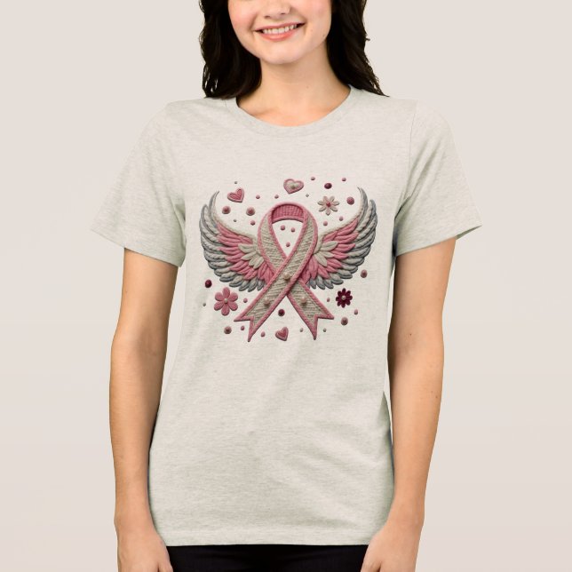 Elegant Pink Ribbon with Angel Wings Embroidery  Tri-Blend Shirt (Front)