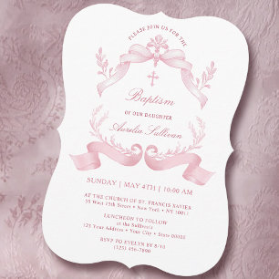 Elegant Pink Ribbons Baptism Invitation
