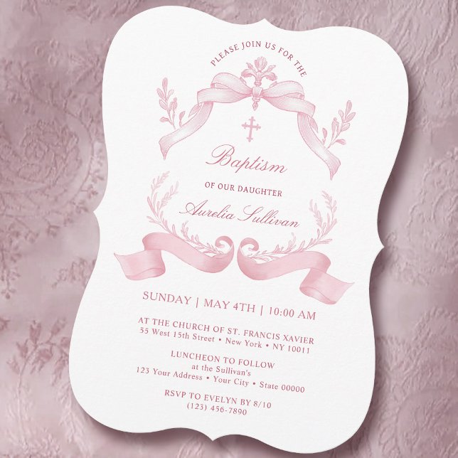 Elegant Pink Ribbons Baptism Invitation (Creator Uploaded)