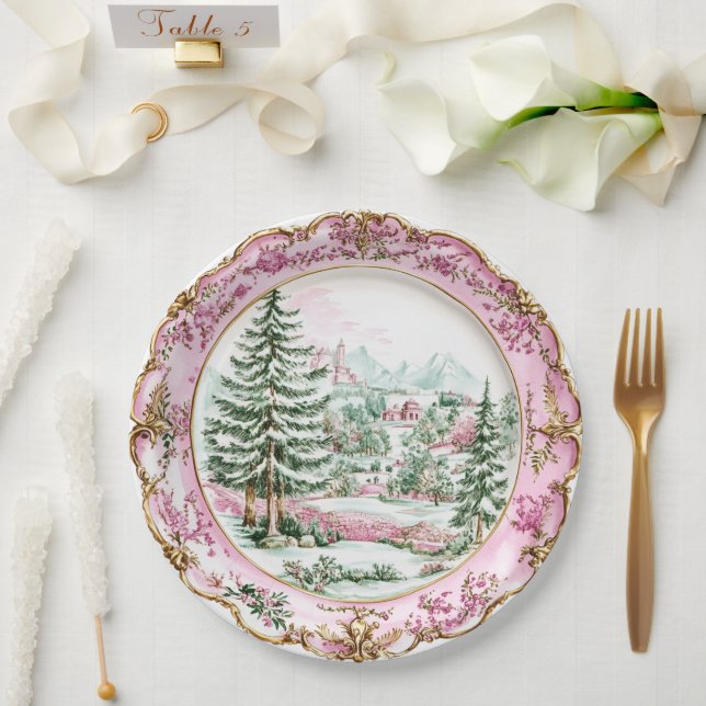 Elegant Pink Rococo Holiday Dining  Paper Plates (Wedding)