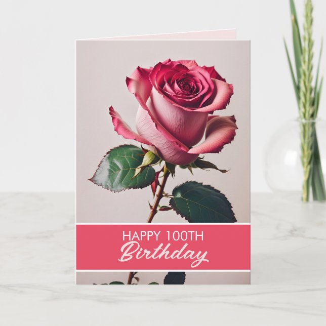 Elegant Pink Rose 100th Birthday Card (Front)