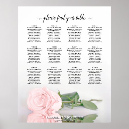 Elegant Pink Rose 12 Table Wedding Seating Chart