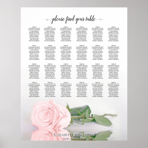 Elegant Pink Rose 24 Table Wedding Seating Chart