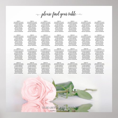 Elegant Pink Rose 28 Table Wedding Seating Chart